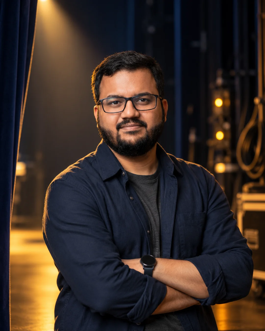 Omkar Deshpande standing backstage by a stage curtain.