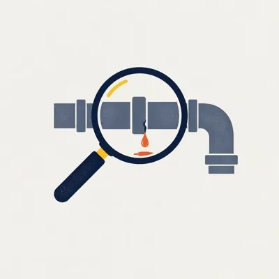 A magnifying glass over a leaking pipe.