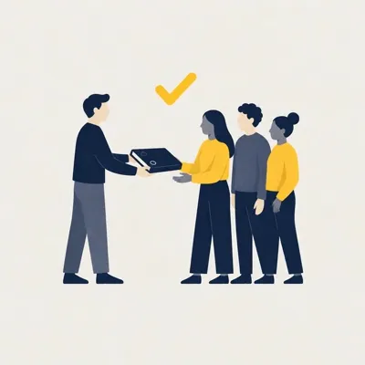 A person handing a binder to a small team.