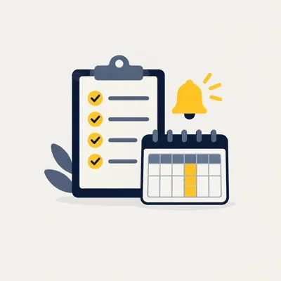 A checklist, an alert bell and a weekly calendar, neatly arranged.