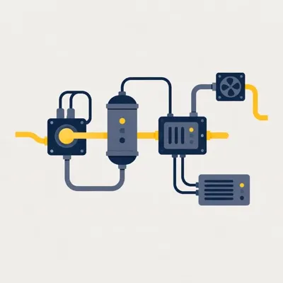 Clean pipes connecting boxes with one yellow flow running through.