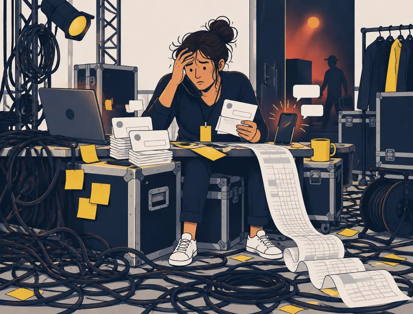 A tired person juggling tangled cables, screenshots and spreadsheets backstage.