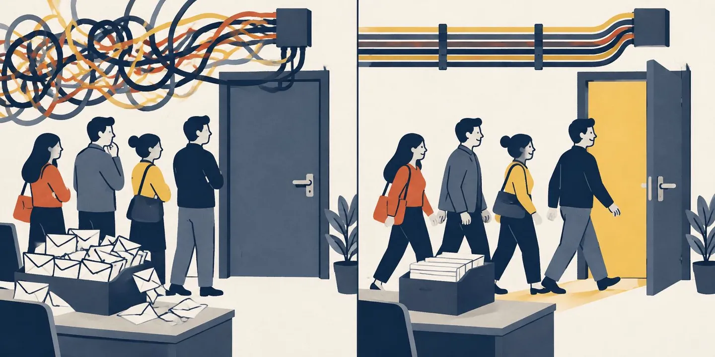 Before: tangled wires and members waiting at a closed door. After: neat wiring and the door opening automatically.