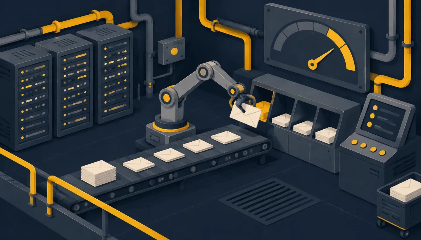 A tidy engine room with servers, pipes and a robot arm sorting messages.