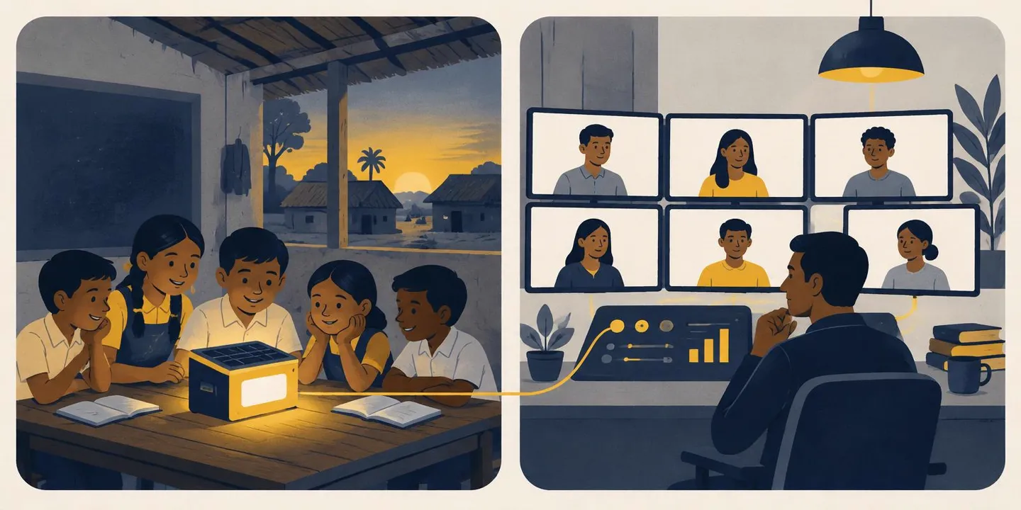 A village classroom around a small solar-powered server, connected by a yellow line to an online coaching community.